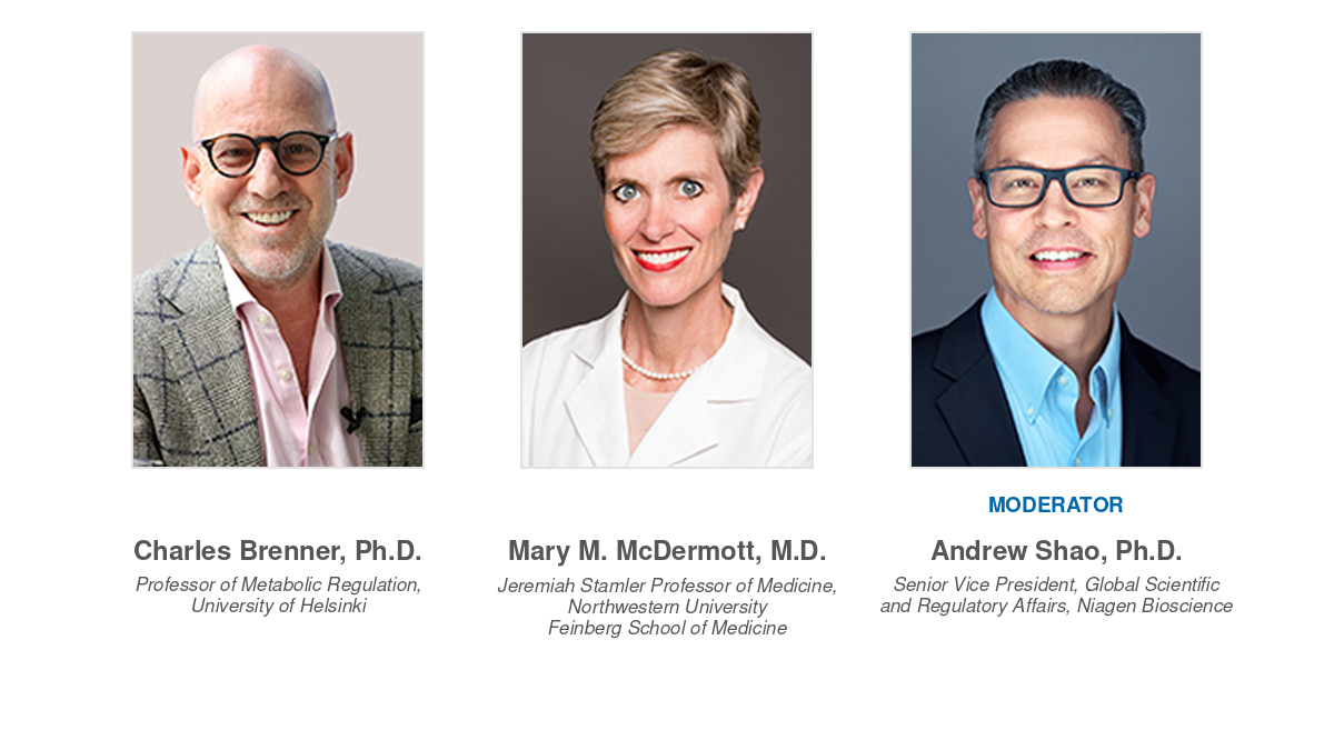 Nicotinamide riboside session presenters Charles Brenner and Mary McDermott, with moderator Andrew Shao